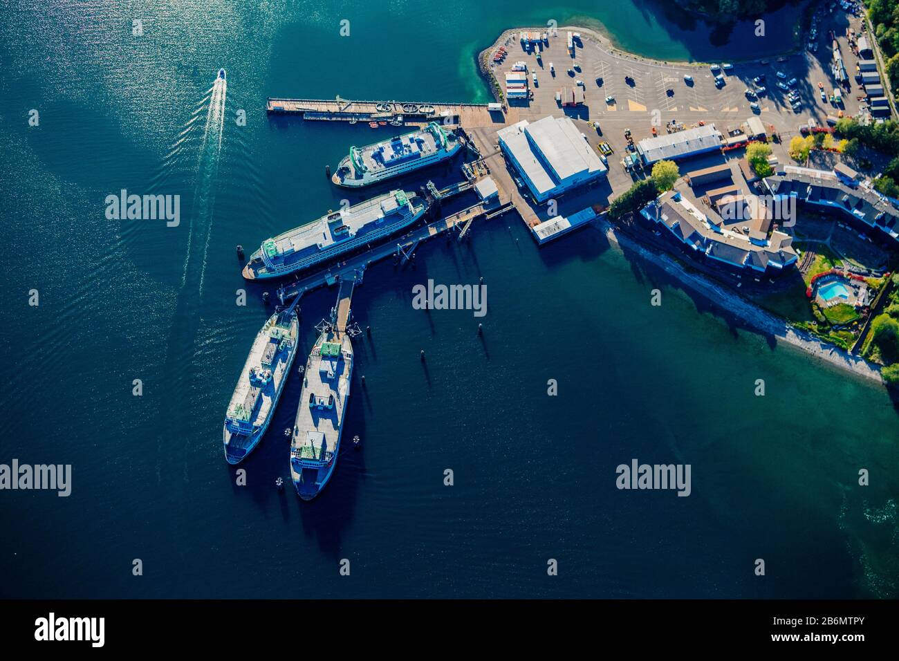 Aerial view of Bainbridge Island ferry terminal, Lake Union, Washington State, USA Stock Photo