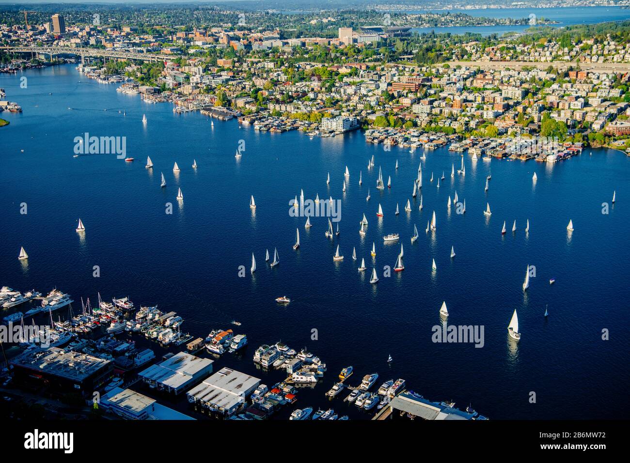 Aerial view of Seattle with regatta in Eagle Harbor, Washington State, USA Stock Photo