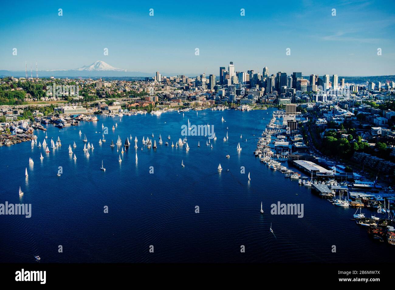 Aerial view of Seattle with regatta in Eagle Harbor, Washington State, USA Stock Photo