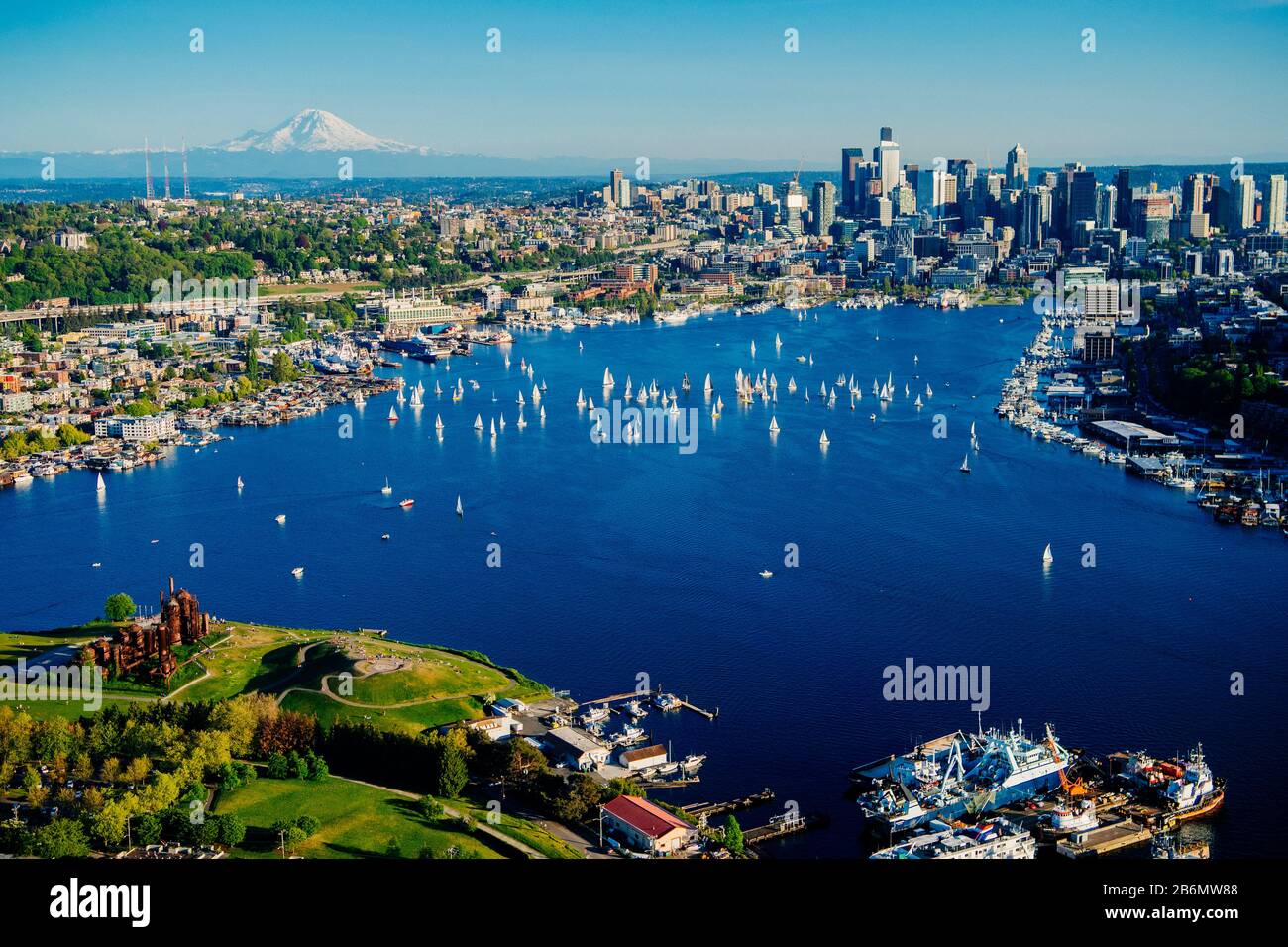 Aerial view of Seattle with regatta in Eagle Harbor, Washington State, USA Stock Photo