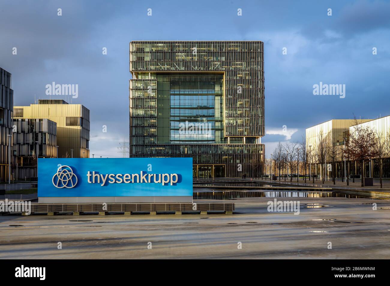 Essen, Ruhr Area, North Rhine-Westphalia, Germany - ThyssenKrupp headquarters, ThyssenKrupp Quarter with company logo in front of the main building Q1 Stock Photo