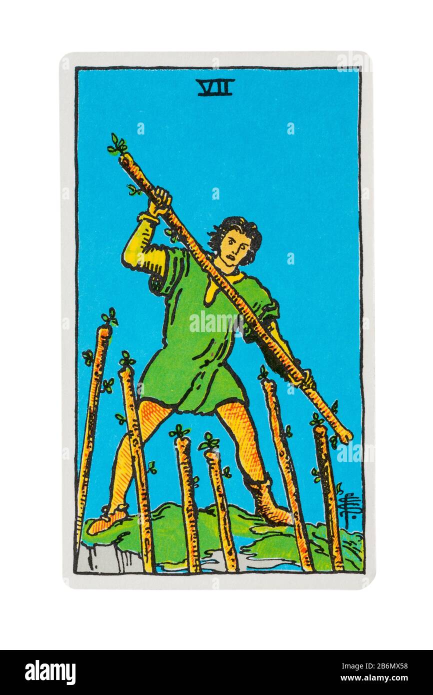 7 of wands tarot card from the Rider Tarot Cards designed by Pamela Colman Smith under supervision of Arthur Edward Waite isolated on white background Stock Photo