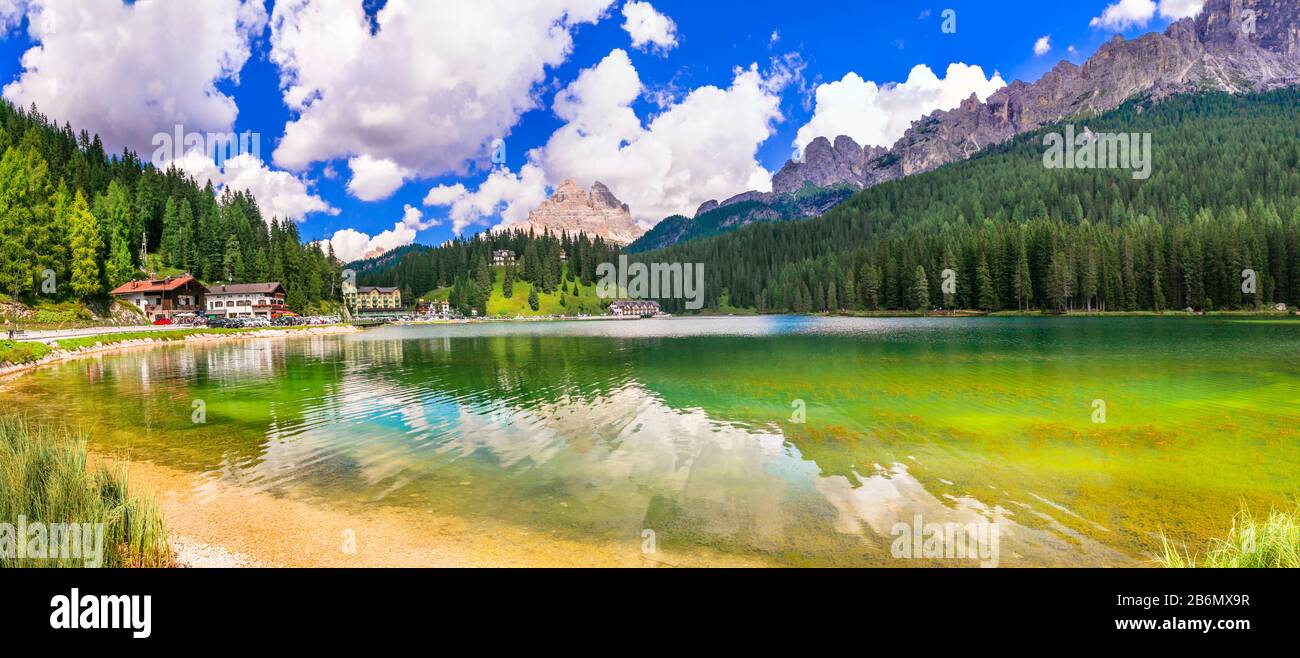 Beautiful Misurina Lake,panoramic view,North Italy. Stock Photo