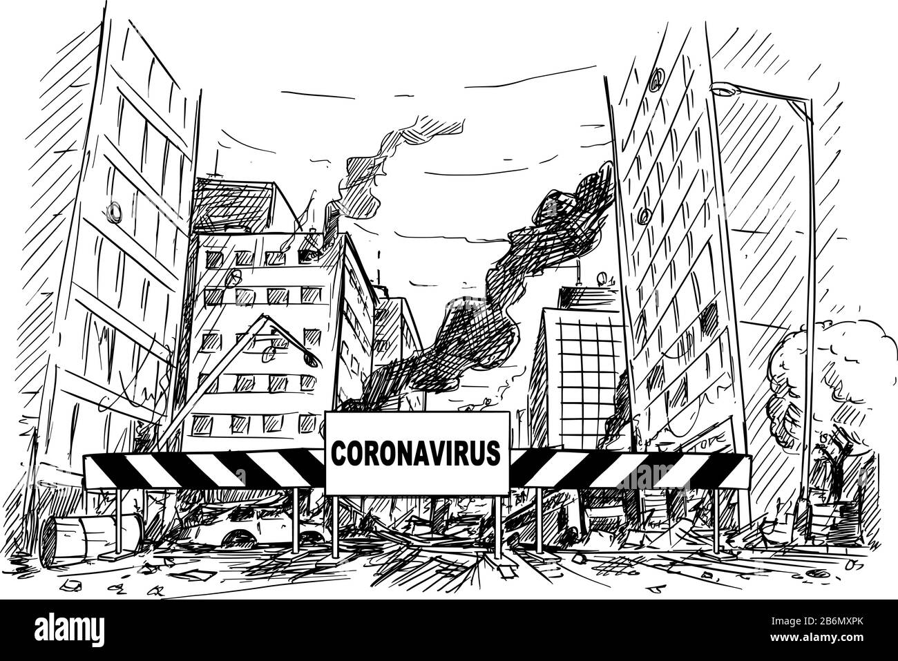 Vector cartoon stick figure drawing conceptual illustration of quarantine area roadblock blocking destroyed city street after coronavirus covid-19 epidemic or infection panic. Stock Vector
