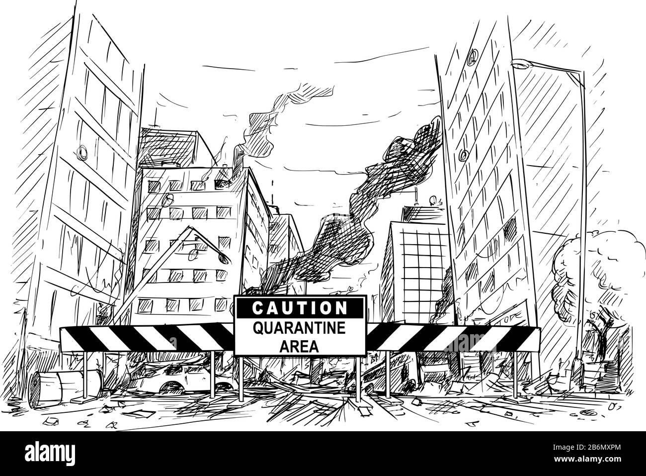 Vector cartoon stick figure drawing conceptual illustration of caution quarantine area roadblock blocking destroyed city street after coronavirus covid-19 epidemic or infection panic. Stock Vector
