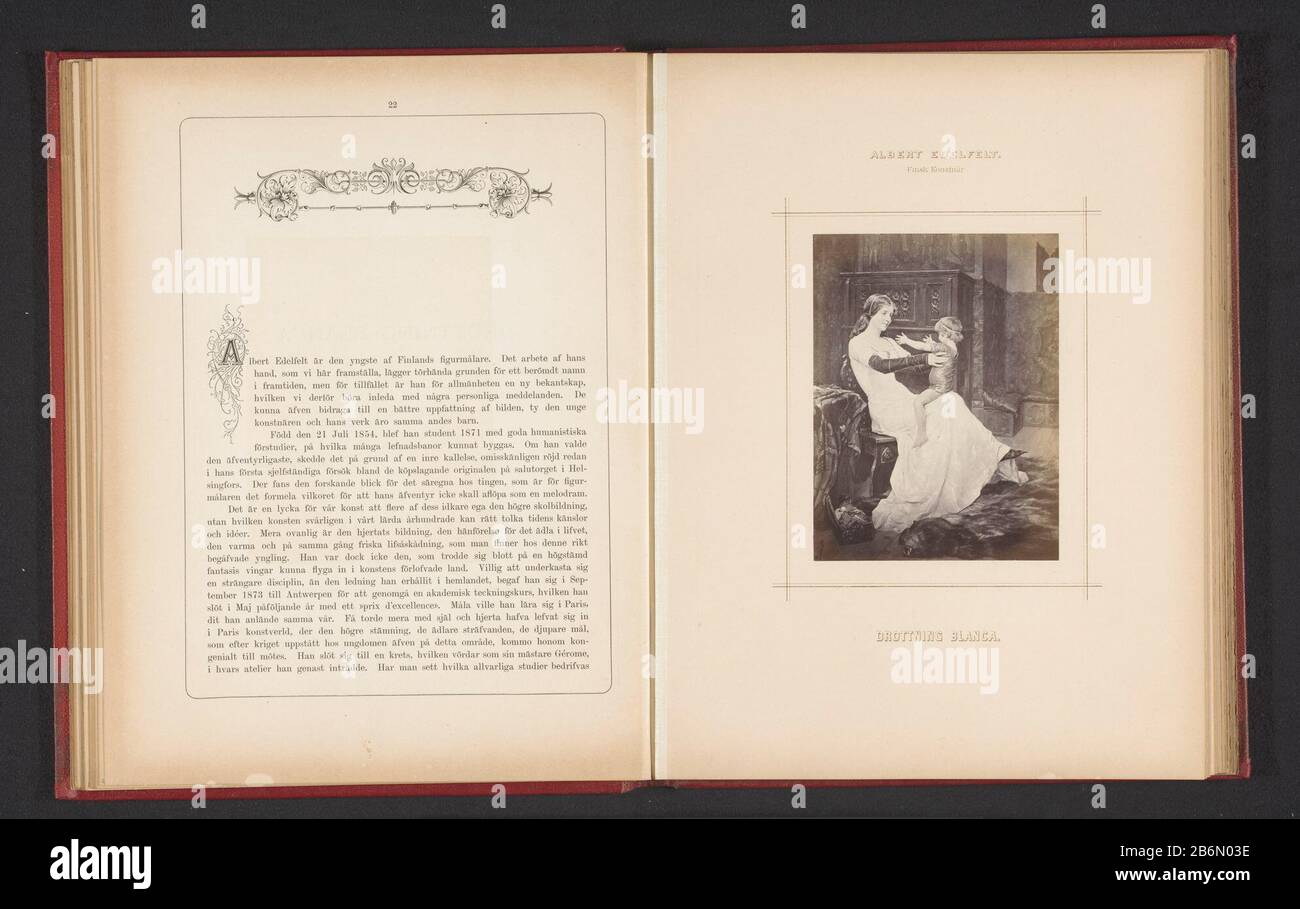 Fotoreproductie van een schilderij van een vrouw met een kind op schoot door Albert Edelfelt Drotting Blanca (titel op object) Photo reproduction of a painting of a woman with a child on your lap by Albert EdelfeltDrotting Blanca (title object) Property Type: photo reproduction page Item number: RP-F 2001-7-1387-7 Inscriptions / Brands: inscription , recto, printed: "Finsk Konstnär.' Manufacturer : photographer: Johannes Jaeger to painting of Albert Edelfelt (listed property) Date: ca. 1873 - or for about 1878 Material: paper Technique: albumen print dimensions: photo: h 140 mm × b 105 mmToeli Stock Photo
