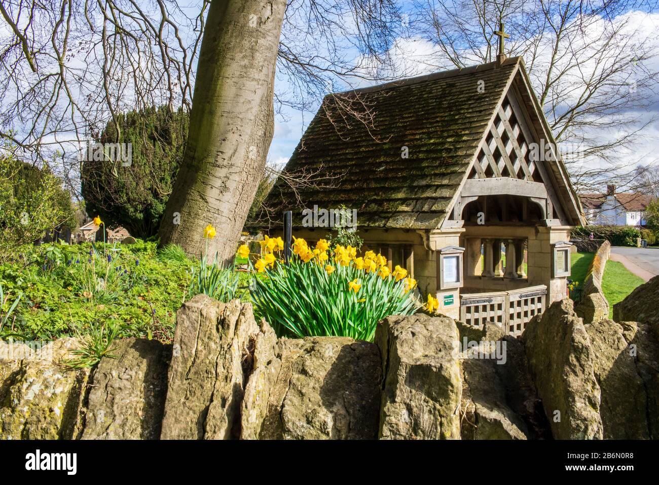 Daffodils blooming near the lychgate in St Peter's churchyard, Sharnbrook, Bedfordshire, UK Stock Photo