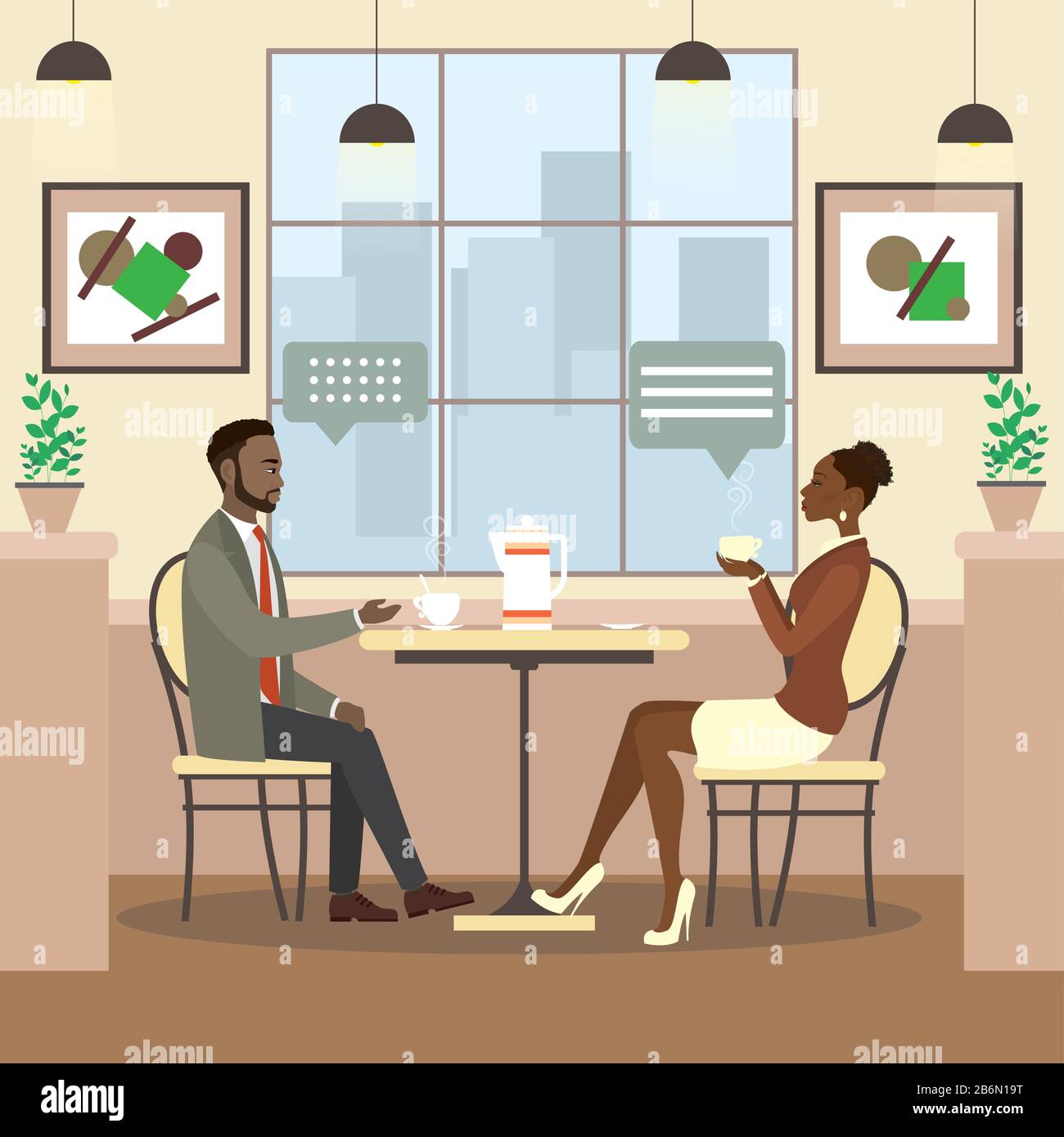 Beauty business people drinking coffee in a cafe,fashion african american femaleand male is sitting at a table in cozy restaurant,flat vector illustra Stock Vector