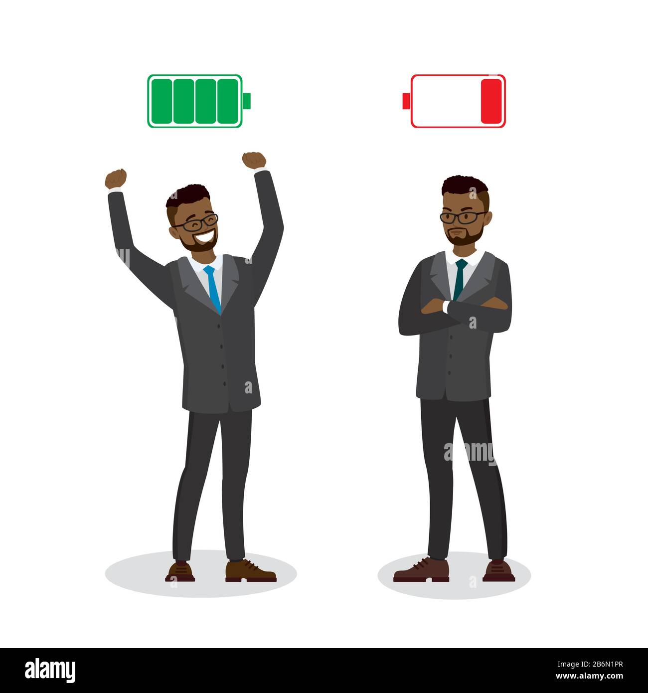 Strong and tired businessmen,Green Charged and red discharged battery,isolated on white background,flat vector illustration Stock Vector