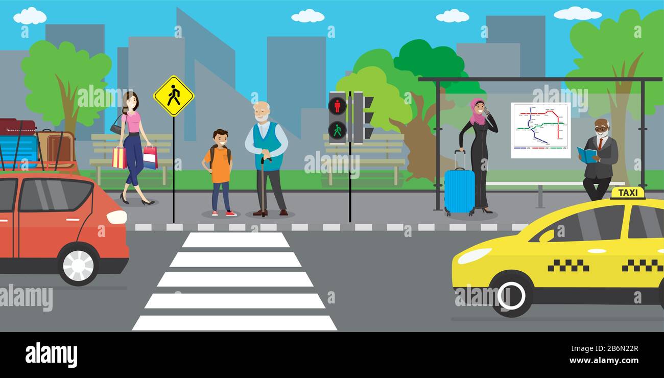 City street and road,public transport stop, people go and stand,urban life concept,outdoor flat vector illustration Stock Vector
