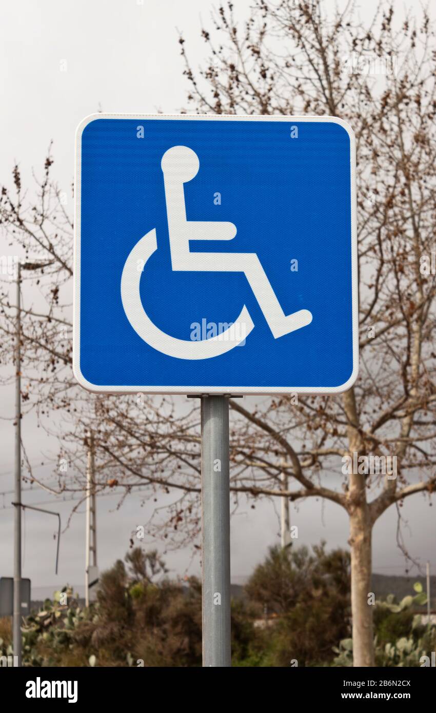 Handiccaped reserved parking lot sign with a tree on background. Stock Photo