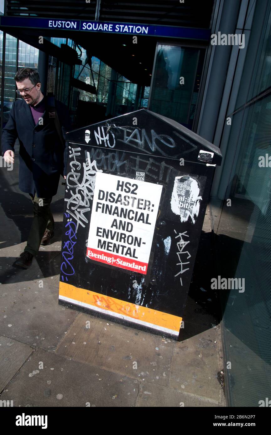 Euston Square station. Evening Standard headline saying HS2 a disaster, financially and environmentally; Stock Photo