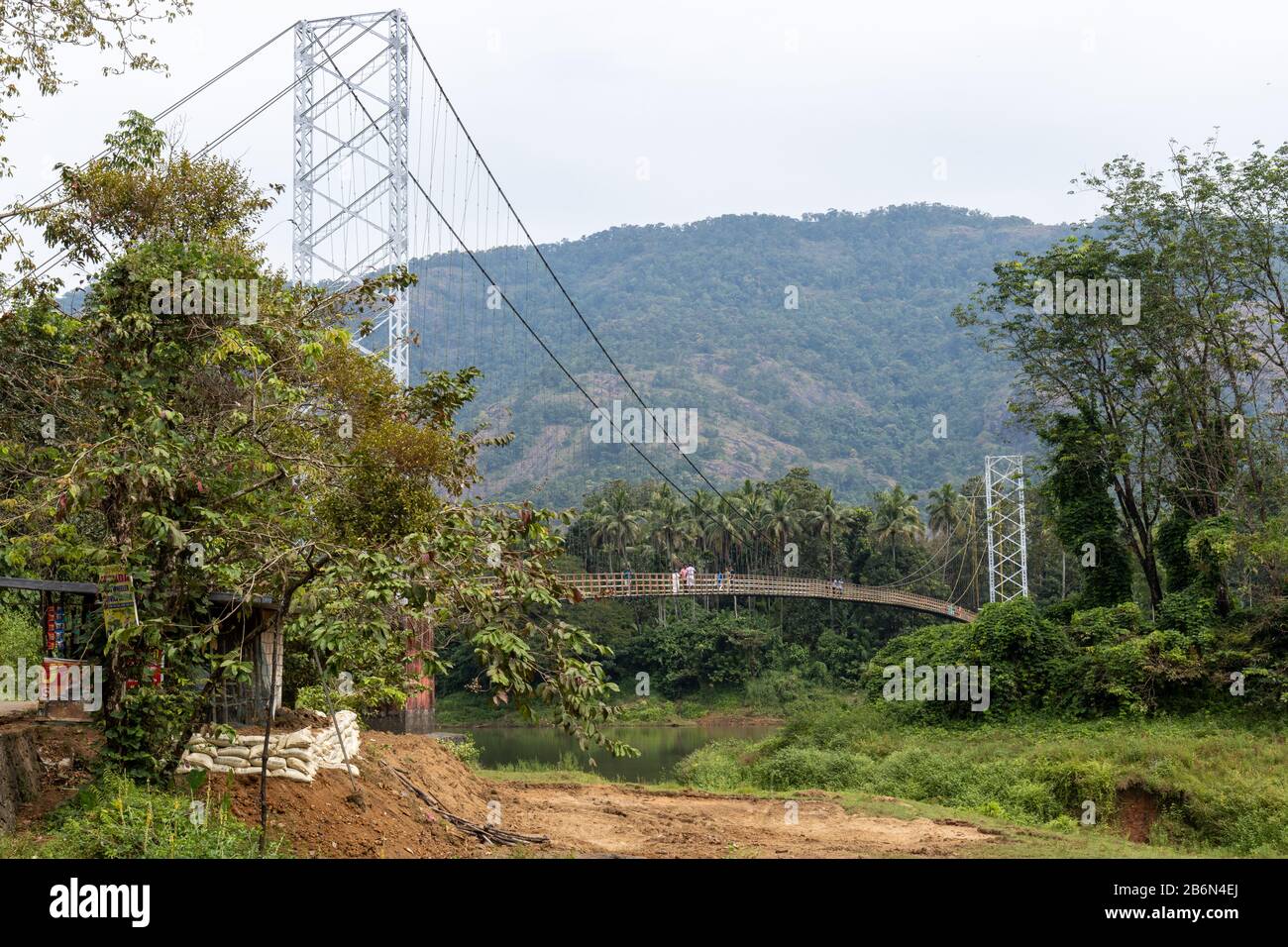 Landscape view of the Inchathotty Suspension Bridge, Kerala, India