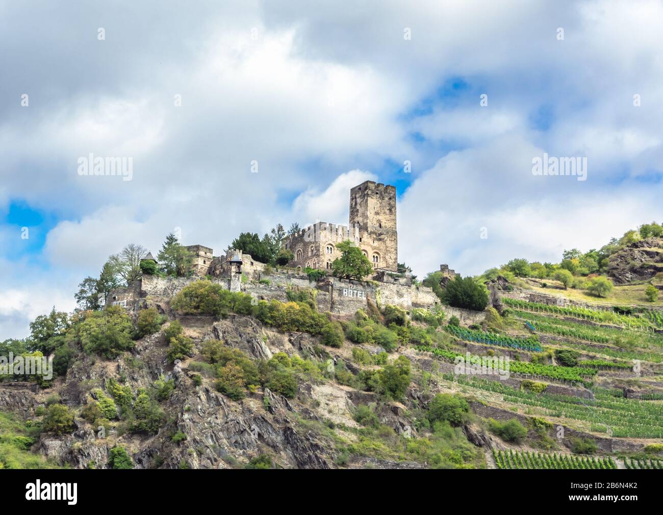 Burg Gutenfels, Gutenfels Castle, also known as Caub Castle, is a castle 110m above the town of Kaub in Rhineland. Stock Photo