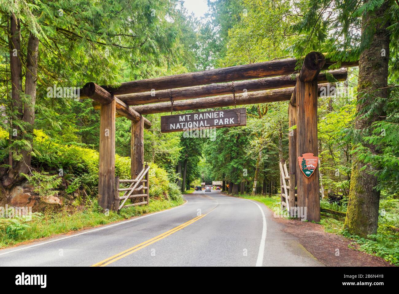 Entrance Sign to Mount Rainier National Park, Washington, USA. The park was established in 1899 as the fifth national park in the United States. Stock Photo