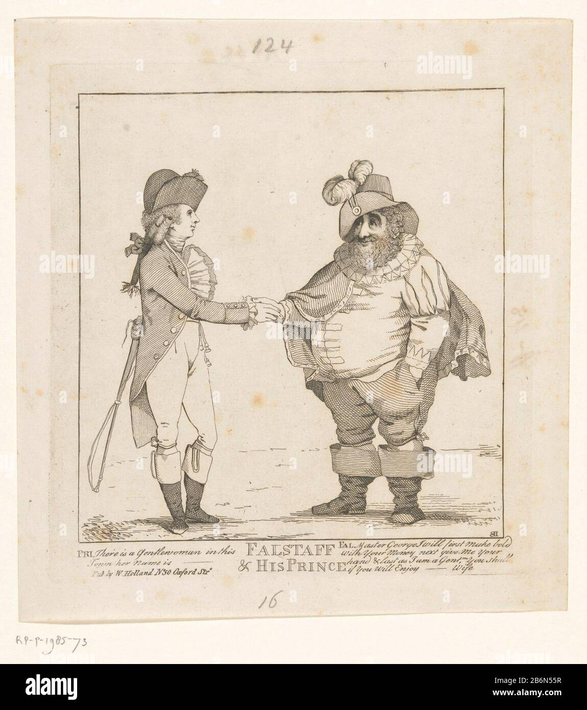 Fox en de Prins van Wales, 1783 Falstaff & his Prince (titel op object) Cartoon Charles Fox as Falstaff shaking the hand of the Prince of Wales, 1783. Manufacturer : printmaker John Boyne (listed building) Publisher: William Holland (listed property) Place manufacture: printmaker: England Publisher: London Dating: 1783 Physical features: etching material: paper Technique: etching dimensions: plate edge: h 210 mm × W 195 mm Subject: group of actors, troupe; actors on the stageFalstaffWie George IV (King of the United Kingdom) and Charles James Fox Stock Photo