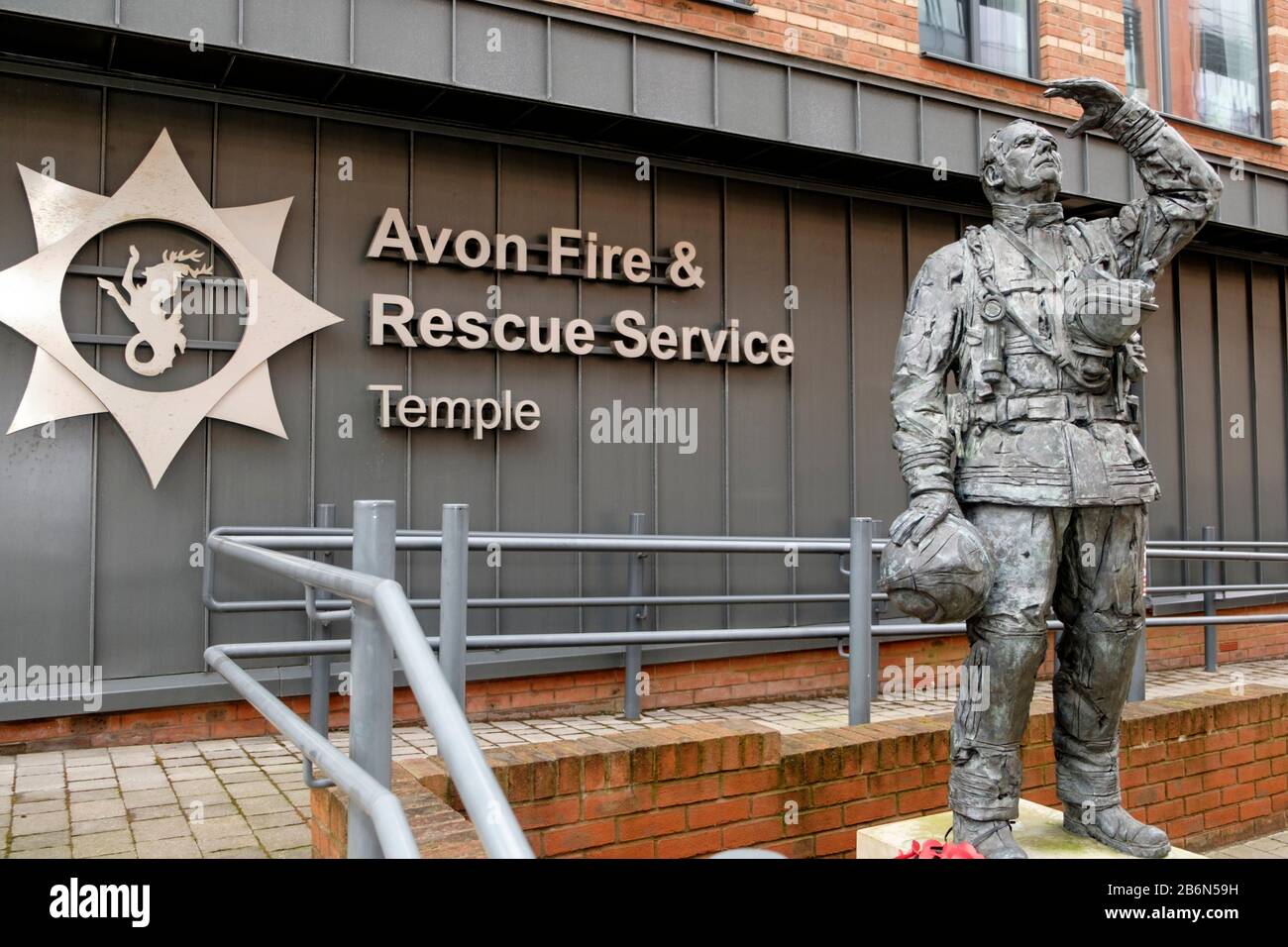 Avon fire and Rescue Service HQ with statue in Temple, Bristol, UK