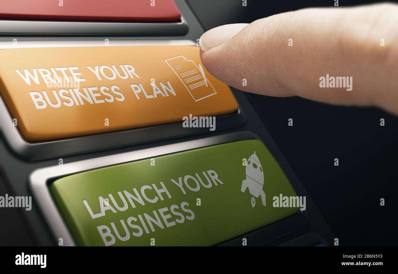 Finger pressing a button with the text write your business plan. Entrepreneuship concept. Composite image between a hand photography and a 3D backgrou Stock Photo