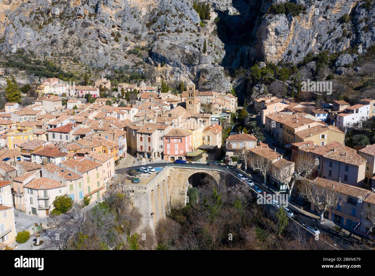 France, Alpes-de-haute-provence,  Aerial view of Moustiers-Sainte-Marie labelled Les Plus Beaux Villages de France, The Most Beautiful Villages of Fra Stock Photo
