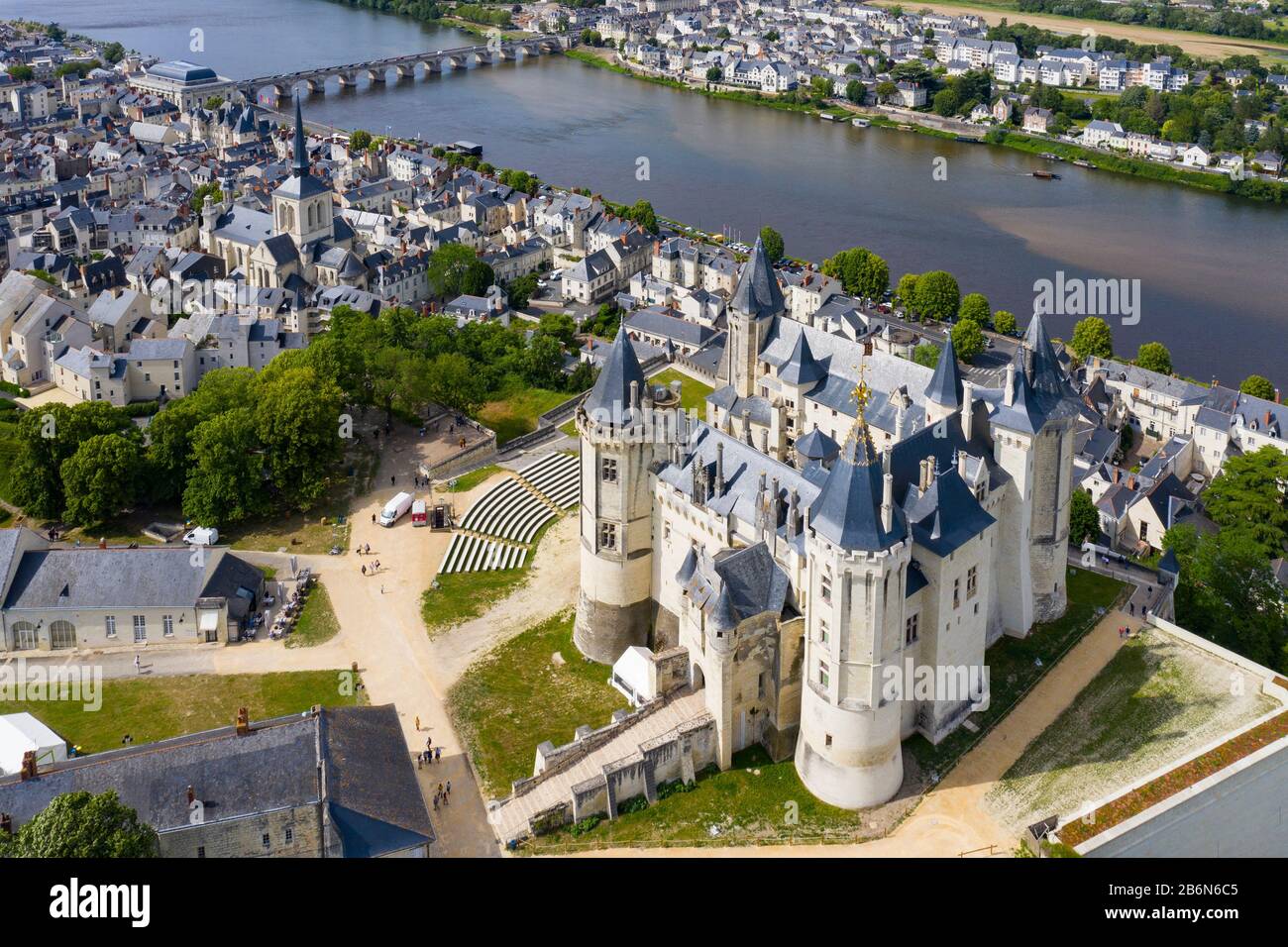 Aerial view of Castle and loire Valley, France.Saumur Castle was built ...