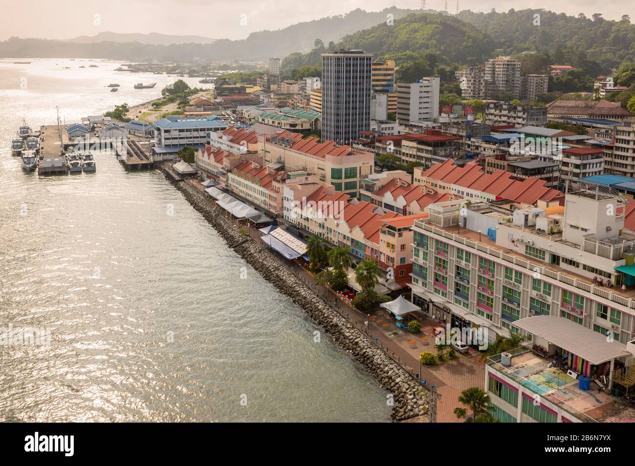 High view of Sandakan promenade at sunset over the Sulu Sea, Sabah district, Borneo, Malaysia, Asia Stock Photo