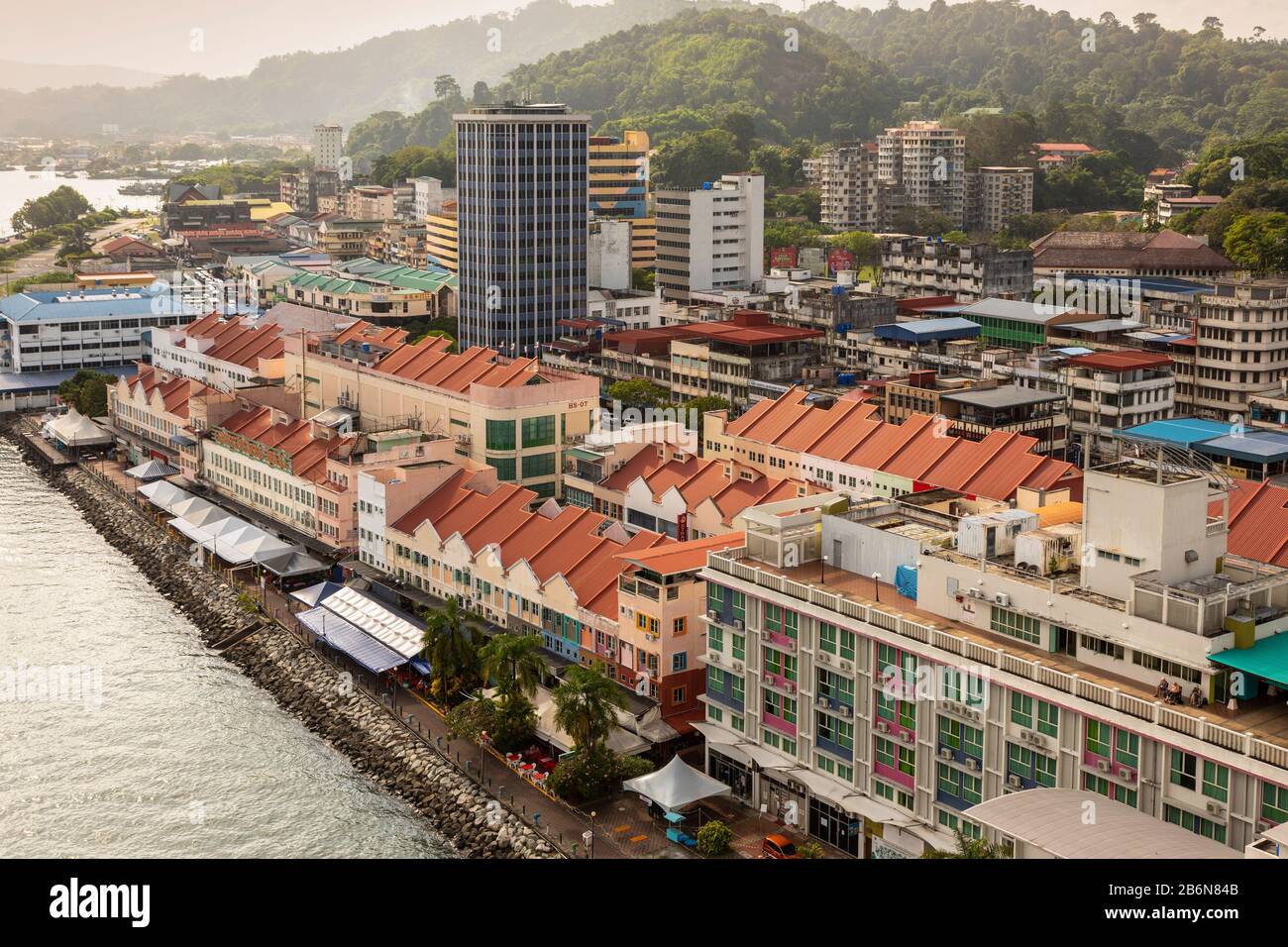 High view of Sandakan promenade at sunset over the Sulu Sea, Sabah district, Borneo, Malaysia, Asia Stock Photo