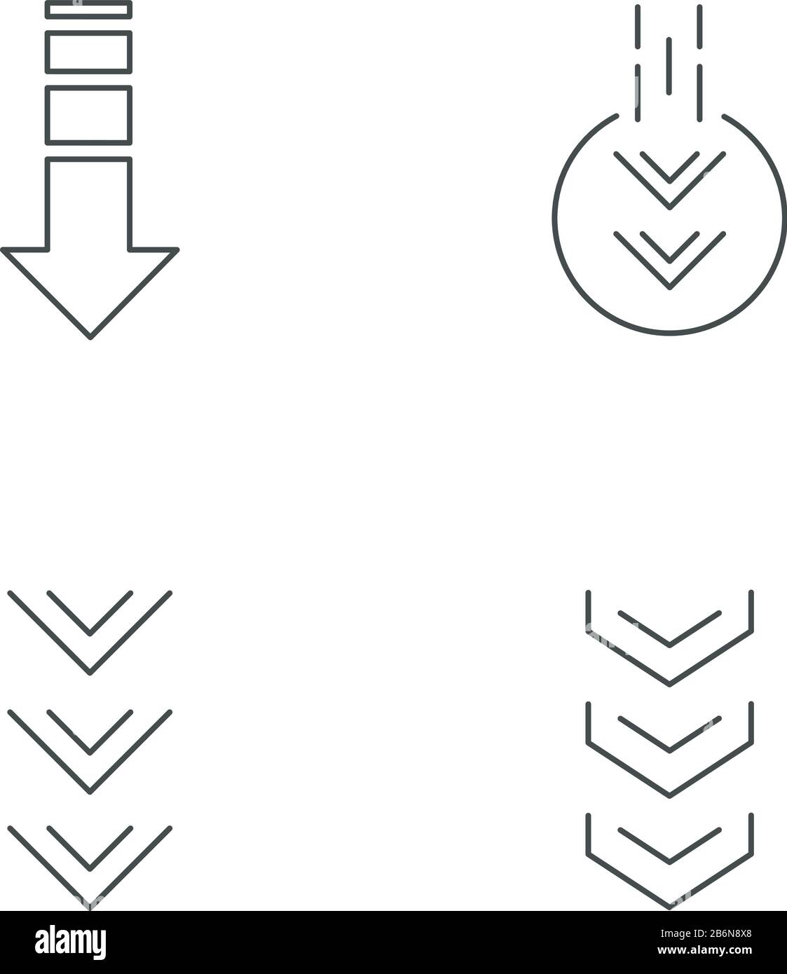Down arrows pixel perfect linear icons set. Double arrowhead in circle. Scrolldown buttons. Customizable thin line contour symbols. Isolated vector Stock Vector