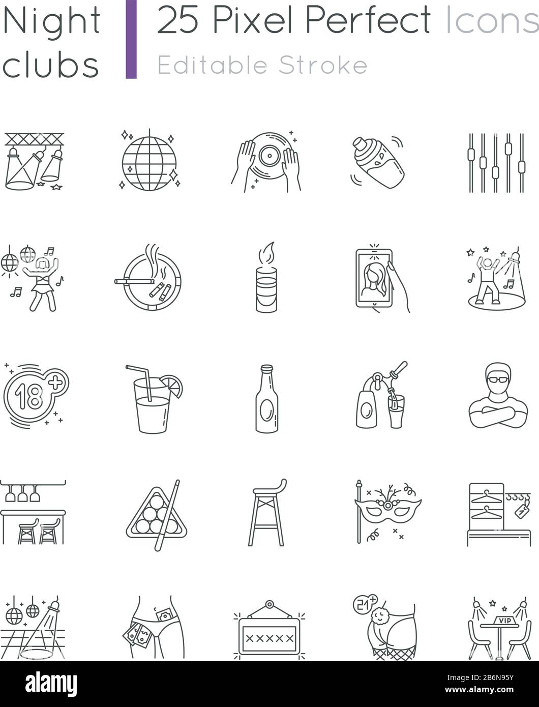 Night club pixel perfect linear icons set. Entertainment venue, dancing ...
