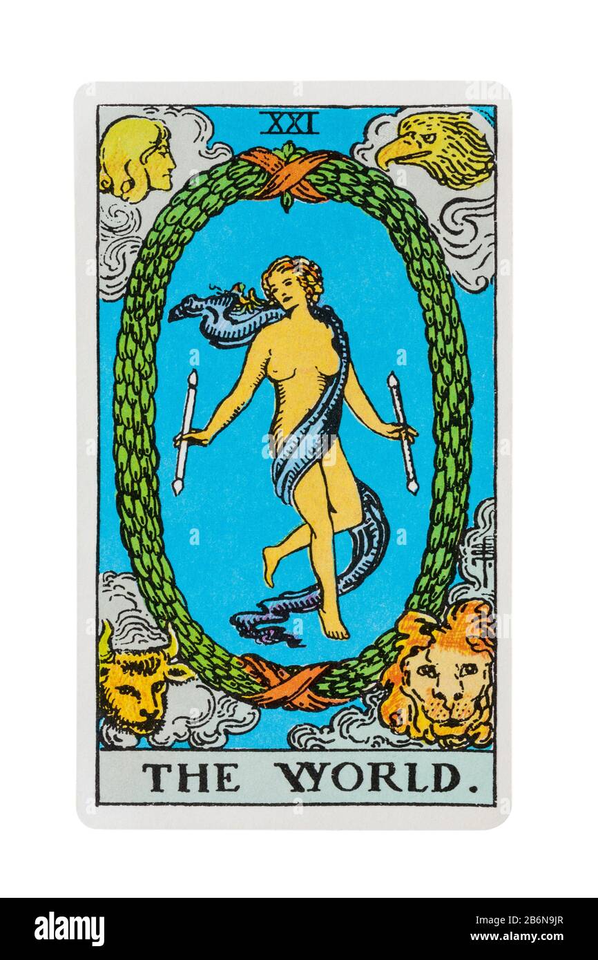 The World tarot card from the Rider Tarot Cards designed by Pamela Colman Smith under supervision of Arthur Edward Waite isolated on white background Stock Photo