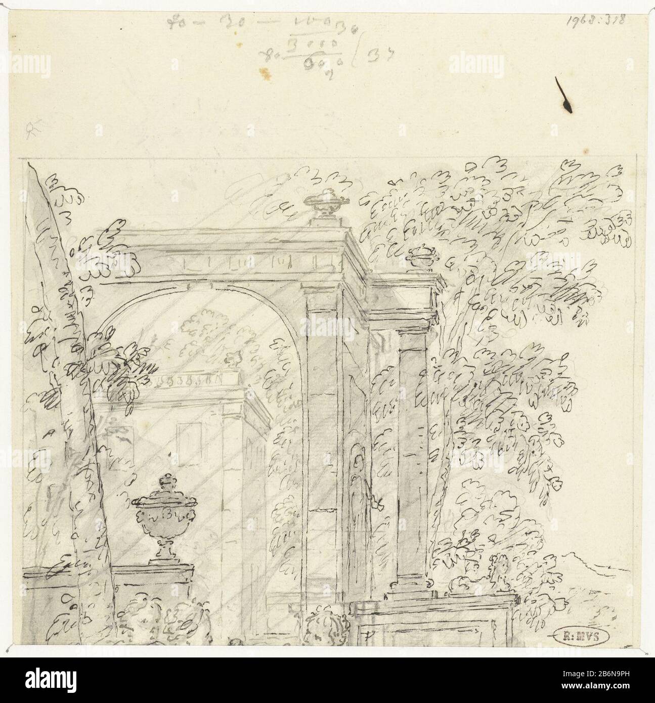 Fragment van een tuingezicht met architectuur en figuren Fragment of a garden view with architecture and figures object type: drawing design Item number: RP-T-1968-318 (V) Description: Design for a schildering. Manufacturer : artist: Dionys Nijmegen (possible) Date: 1715 - 1798 Physical characteristics: pencil, pen or brush in gray material: paper ink pencil Technique: pen / brush dimensions: h 208 mm × W 206 mm Subject: garde Stock Photo