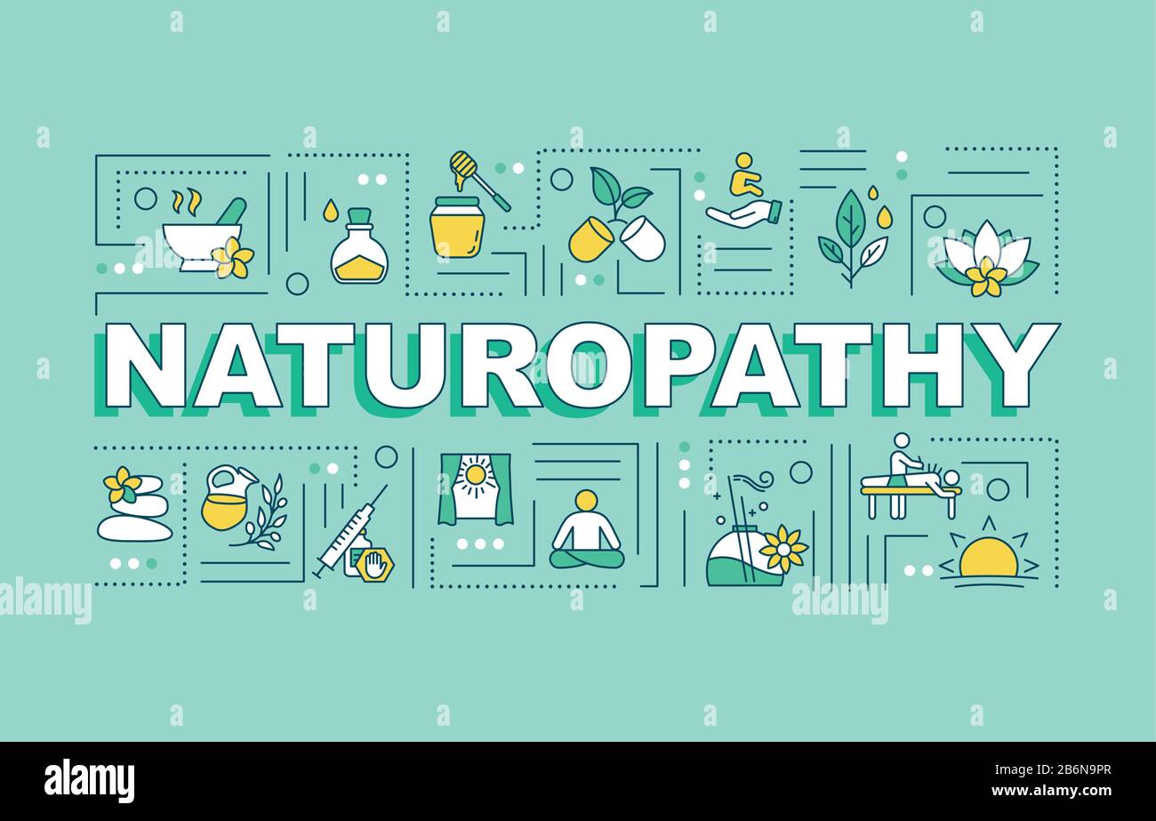 Naturopathy word concepts banner. Naturopathic medicine. Pseudoscientific practices. Infographics with linear icons on turquoise background. Isolated Stock Vector