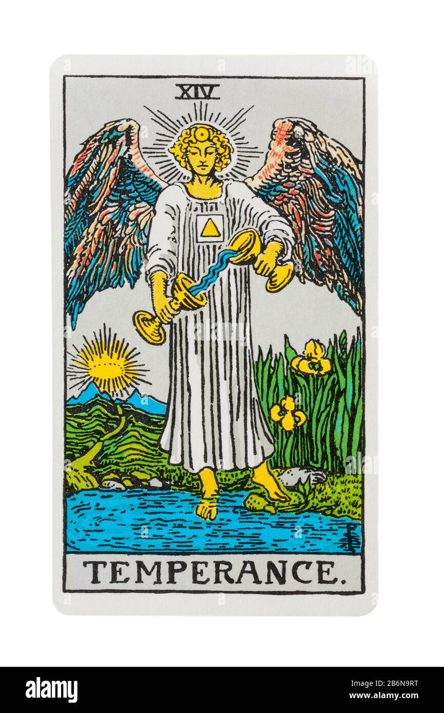 Temperance tarot card from the Rider Tarot Cards designed by Pamela Colman Smith under supervision of Arthur Edward Waite isolated on white background Stock Photo