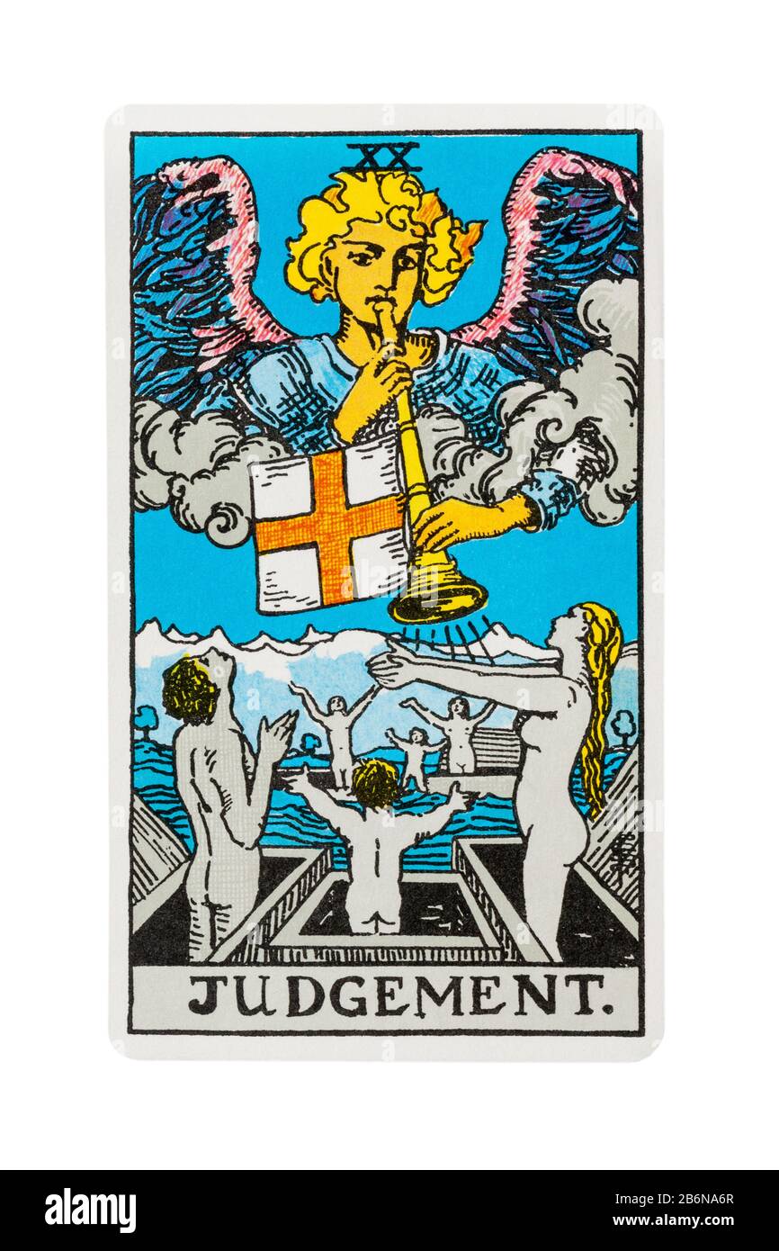 Judgement tarot card from the Rider Tarot Cards designed by Pamela Colman Smith under supervision of Arthur Edward Waite isolated on white background Stock Photo