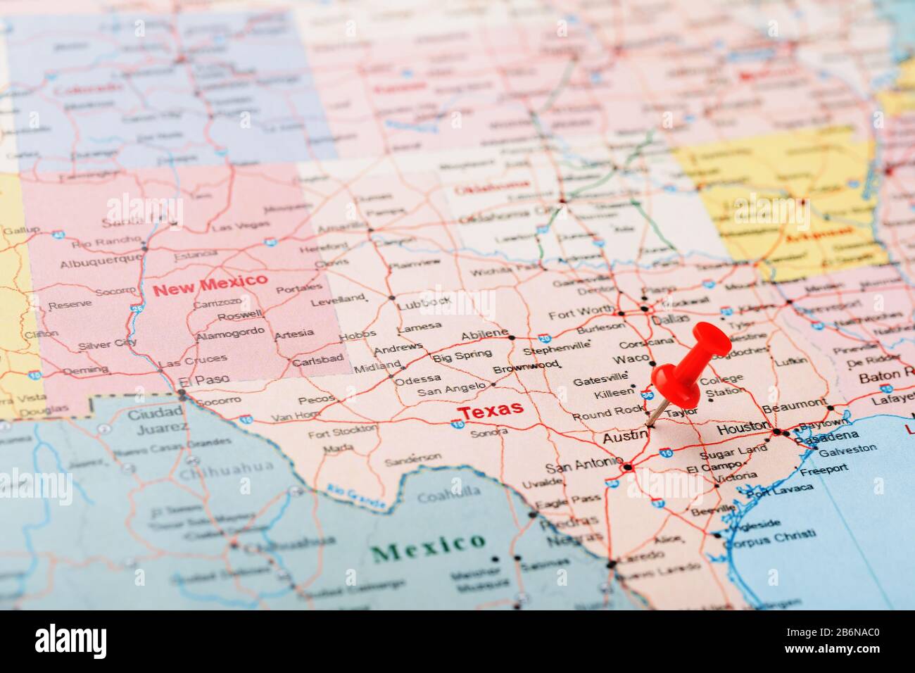 Austin On Us Map Red Clerical Needle On A Map Of Usa, Texas And The Capital Austin. Closeup  Map Texas With Red Tack, Us Map Pin Stock Photo - Alamy