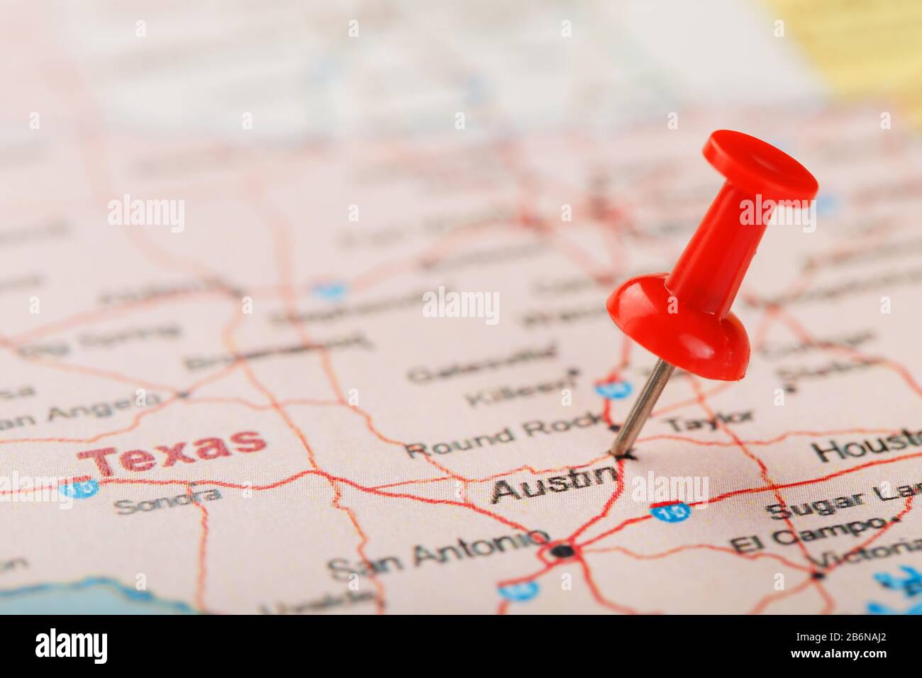 Austin On Us Map Red Clerical Needle On A Map Of Usa, Texas And The Capital Austin. Closeup  Map Texas With Red Tack, Us Map Pin Stock Photo - Alamy