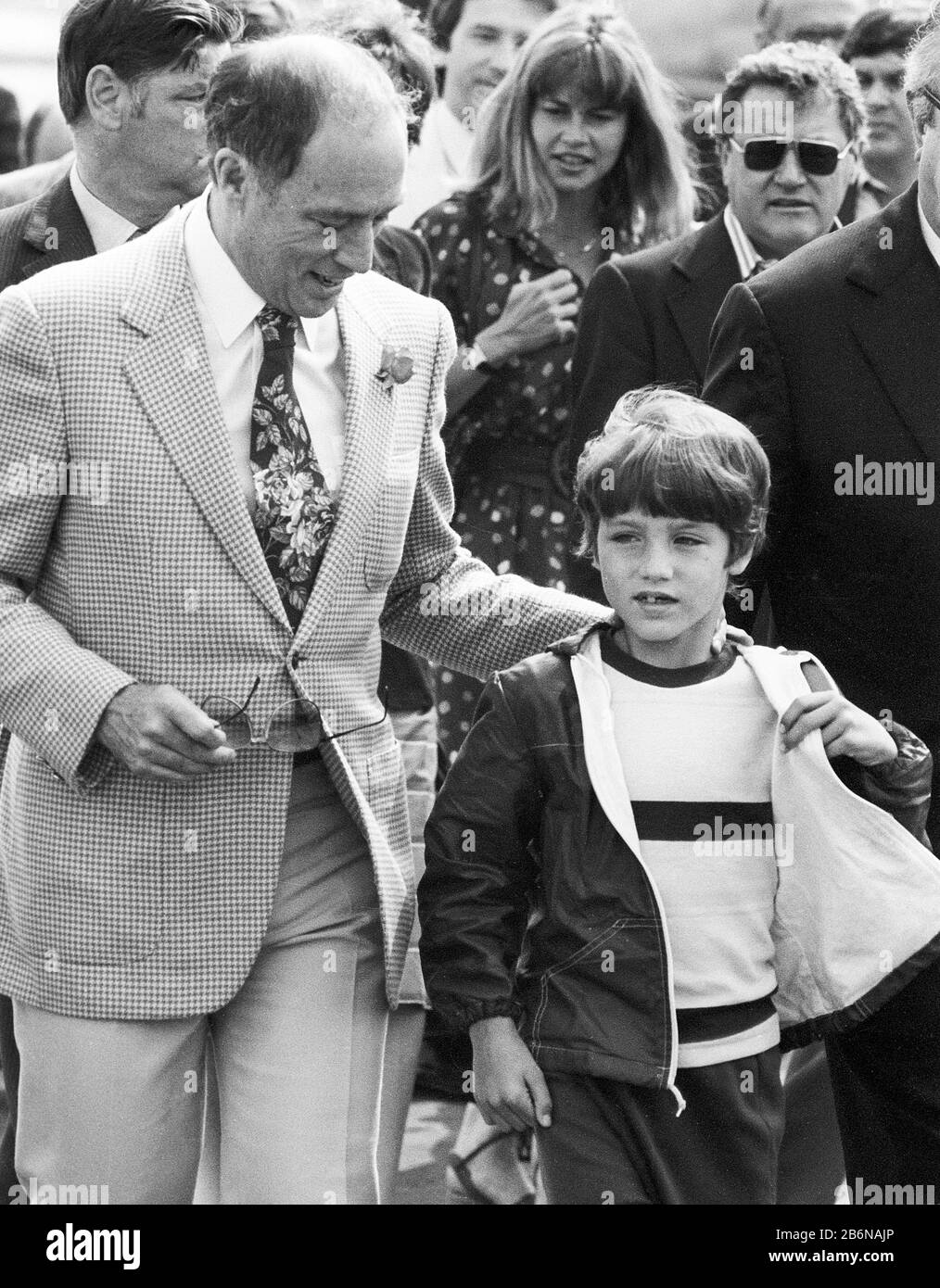 Canadian Prime Minister Pierre Trudeau arriving in London with his son Justin in July 1980. Stock Photo