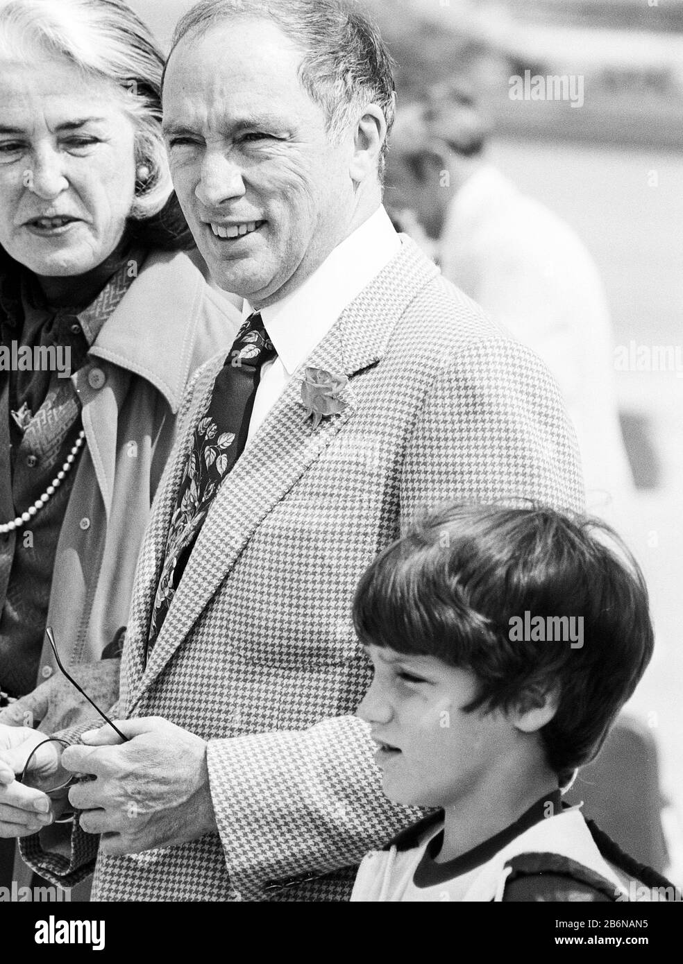 Canadian Prime Minister Pierre Trudeau arriving in London with his son Justin in July 1980. Stock Photo