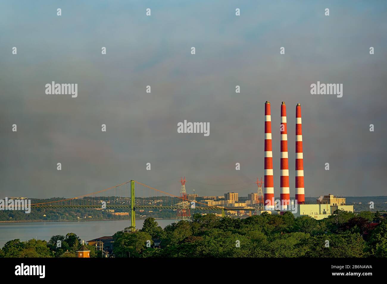 View over Halifax Harbour, Nova Scotia, Canada from the Dartmouth side looking over the A. Murray MacKay Bridge which is locally known as the 'New Bri Stock Photo