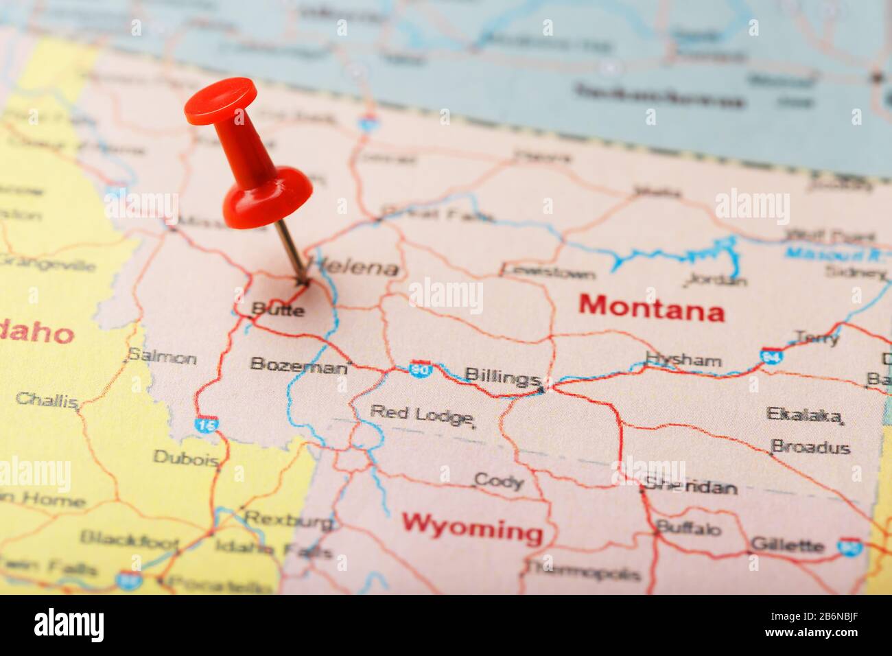 montana on a map Red Clerical Needle On A Map Of Usa Montana And The Capital Of Helena Close Up Montana Map With Red Tack Us Map Pin Stock Photo Alamy montana on a map