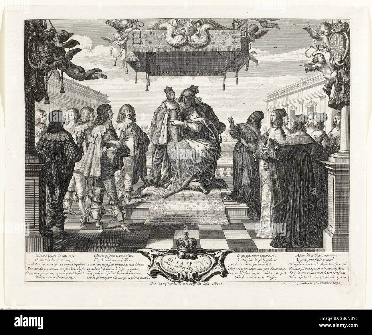 Frankrijk presenteert prins Lodewijk XIV La Joye de la France (titel op object) the allegorical figure 'France', seated on a throne and wearing a dress decorated with the fleur de lis under a canopy with the arms of the Dauphin, presented the young Louis XIV, standing on her lap. At left is Louis XIII with Gaston Jean-Baptiste, Duke of Orleans and left Anna Oostenrijk. Manufacturer : printmaker Abraham Bosse (listed property) provider of privilege: Louis XIII (King of France) (listed building) commissioned by Abraham Bosse (listed property) assigned to: Louis XIII (king of France) (listed buil Stock Photo