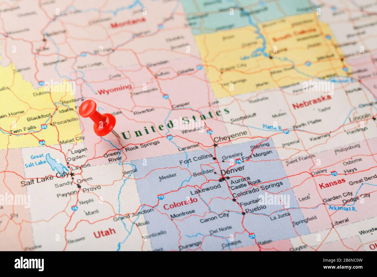 Red Rock Wyoming Map Red Clerical Needle On A Map Of Usa, Wyoming And The Capital Cheyenne.  Close Up Map Of Wyoming With Red Tack, Us Map Pin United States Stock Photo  - Alamy