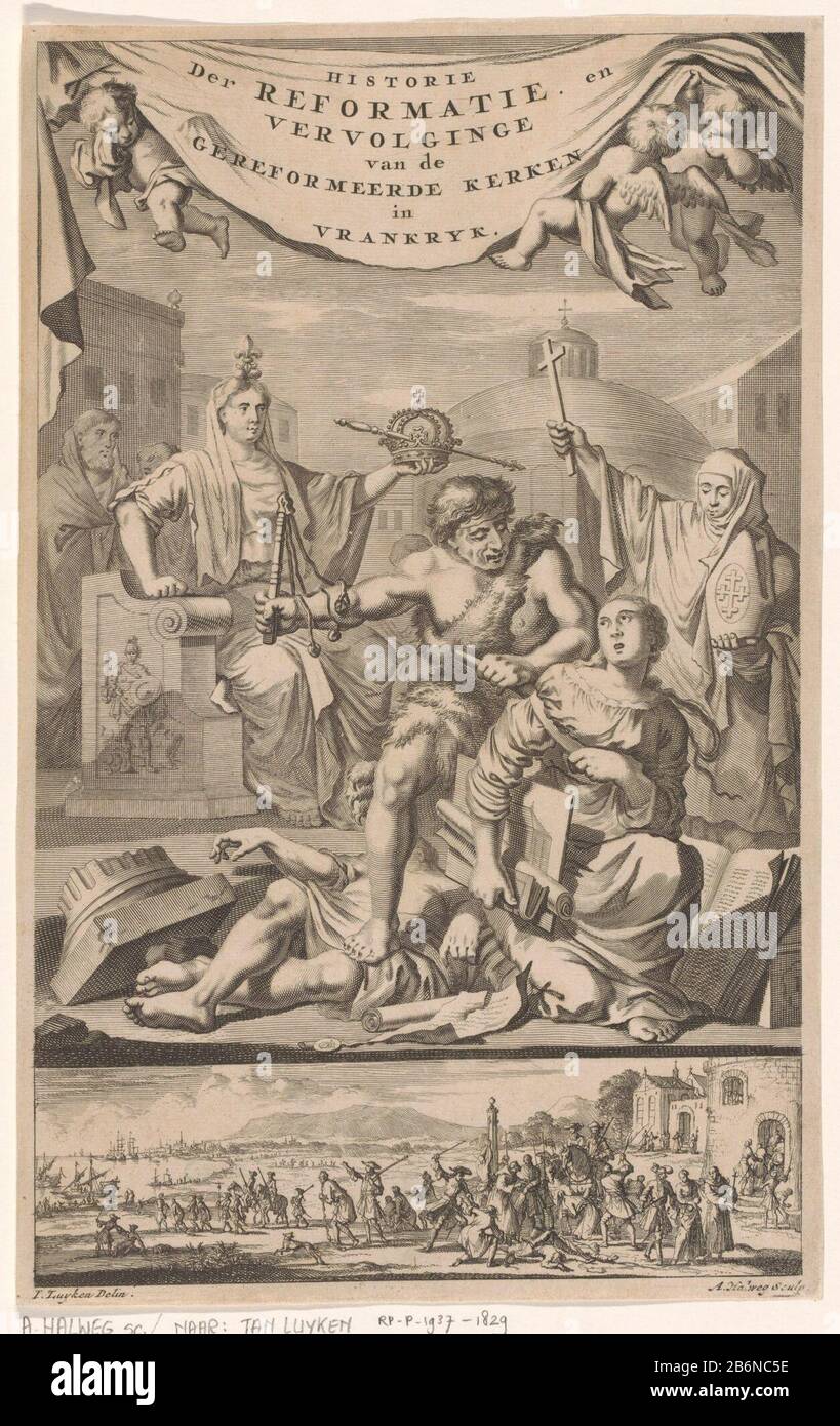 Franse Hervormde Kerk aangevallen door man met gesel Titelpagina voor E Benoist, Historie der Gereformeerde Kerken van Vrankrijk, 1696 Two images of one plate. Above: the personification of the French Reformed Church, the Huguenots, is attacked by a wild man with a whip. This is done with the approval by personifications of the French monarchy and the French Catholic Church. Below is a small representation of the persecution and expulsion of the Hugenoten. Manufacturer : printmaker: Adriaen Haelwegh (listed building) printmaker Jan Luyken to drawing: Jan Luyken (listed building) publisher: Jan Stock Photo