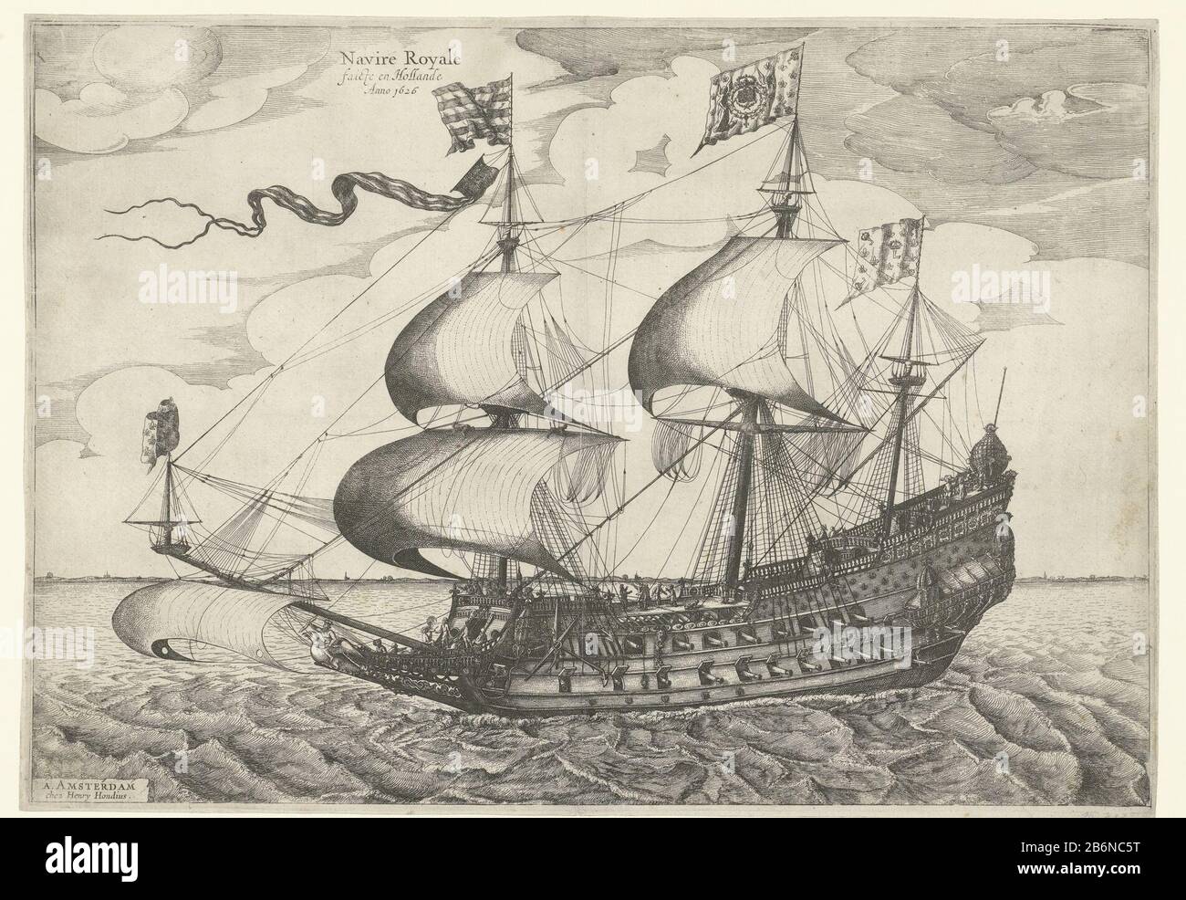 Frans oorlogsschip, gebouwd in Holland, 1626 Navire Royale faicte en Hollande Anno 1626 (titel op object) A French warship, built in Holland, 1626. Large warship in full length, with expanded sails; with three masts with several French flags in the sea. In the offing the Dutch kust. Manufacturer : print maker: anonymous publisher: Hendrick Hondius (indicated on object) Place manufacture: print maker: Northern Netherlands Publisher: Amsterdam Date: 1626 Physical characteristics: etching material: paper Technique: etching dimensions: plate edge: H 370 mm × W 528 mm Subject: ships (in general) (+ Stock Photo