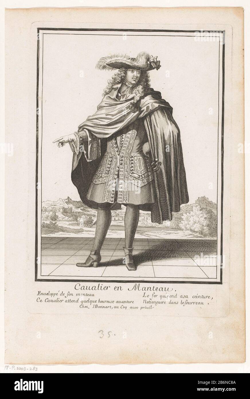 Franse edelman met schoudermantel Cavalier en manteau (titel op object)  French noble, seen from the front wearing a loose shoulder mantle over his  justaucorps. On his allongekapsel a hat with a wide