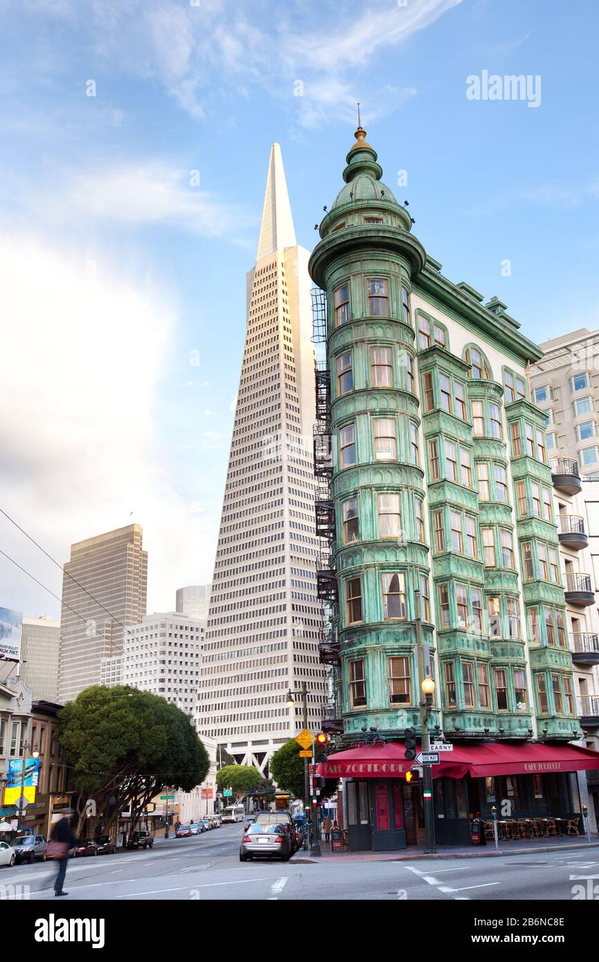 San Francisco, California, United States - Sentinel building and Transamerica Pyramid at Columbus Avenue. Stock Photo