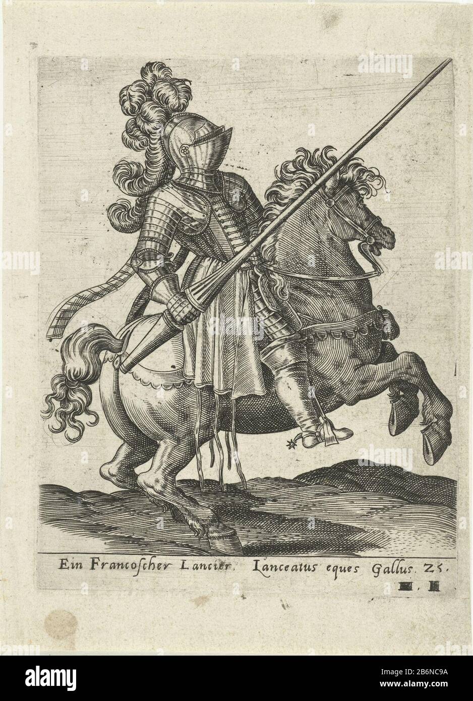 Franse lansier Horse and rider to the right. The horse rears. The French rider has a spear in his hands and is fully harnessed. The print has a German and a Latin caption. Post originally from 'Equitum Descripció ... '1577. Manufacturer : printmaker Abraham de Bruyn (attributed to) Publisher: Caspar Rutz (possible) Place manufacture: Cologne Date: 1577 Physical features: car material: paper Technique: engra (printing process) Dimensions: plate edge: h 142 mm × W 111 mmToelichtingPrent originally published in 'Equitum Descripció, quomodo Equestres copie, nostra hac aetate, in sua armatura, per Stock Photo