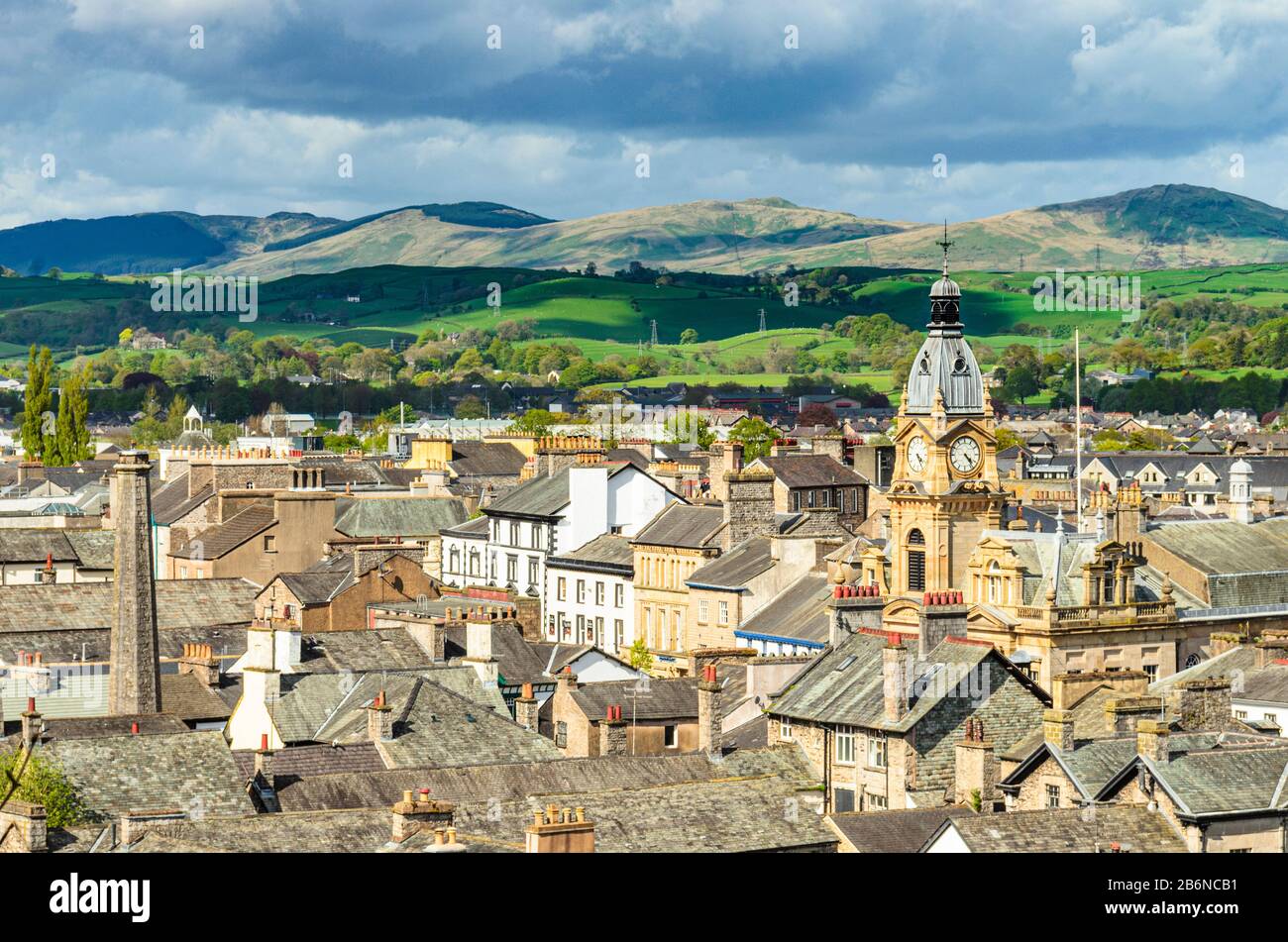 Rooftop view of Kendal, Cumbria, towards the Whinfell ridge in the Lake District National Park Stock Photo