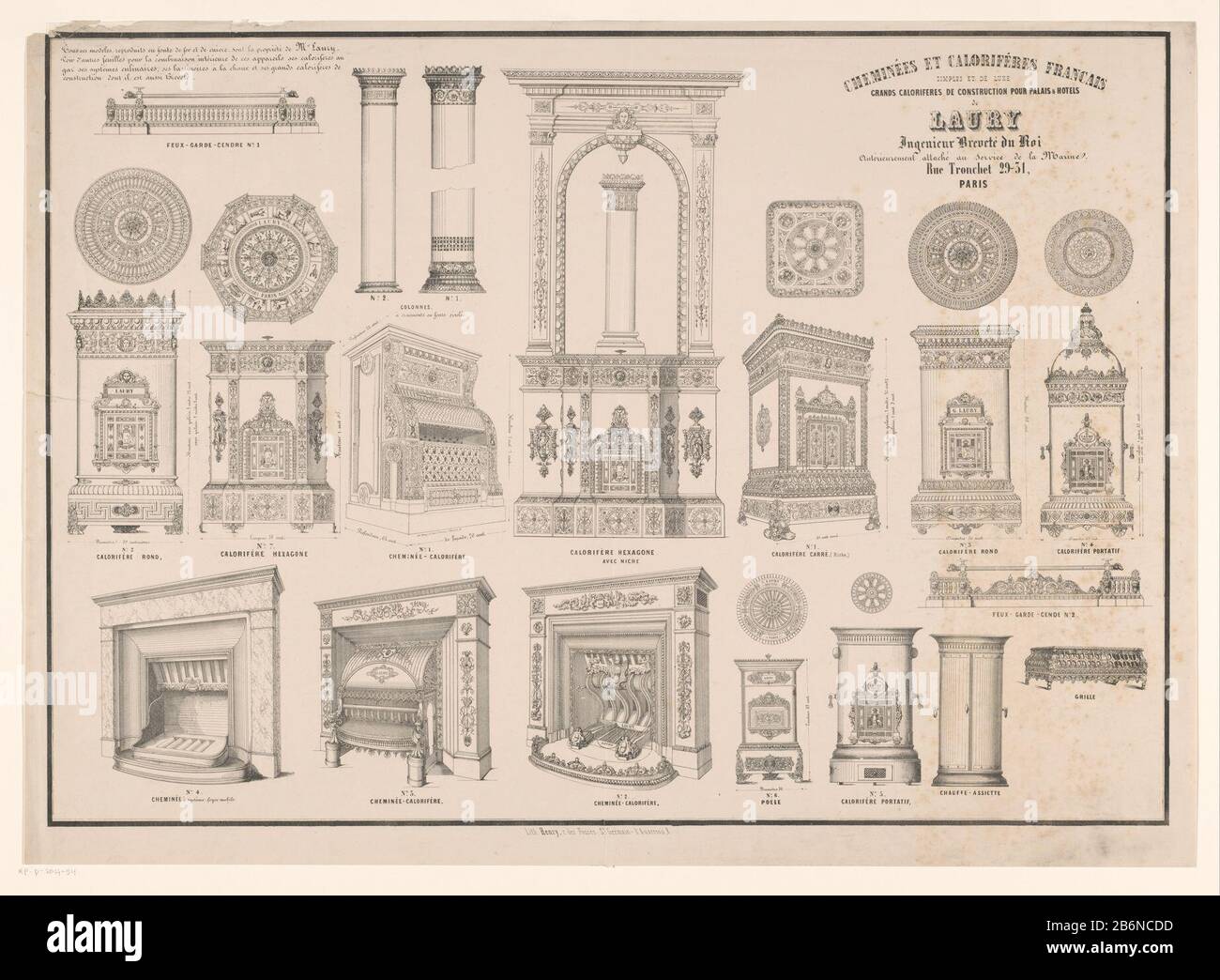 Pictured are complete fireplaces and stoves, components and decorative elements. The parts are numbered. Top right name and address of the manufacturer: Laury. Manufacturer : printmaker: Henry (printmaker) (listed building) printer: Brothers van Lier Place manufacture: printmaker: Paris Publisher: The Hague Date: 1844 Material: paper Technique: lithography (technique) Dimensions: sheet: h 510 mm × W 695 mm Subject: open hearth, fire-place radiator (central heating) Stock Photo
