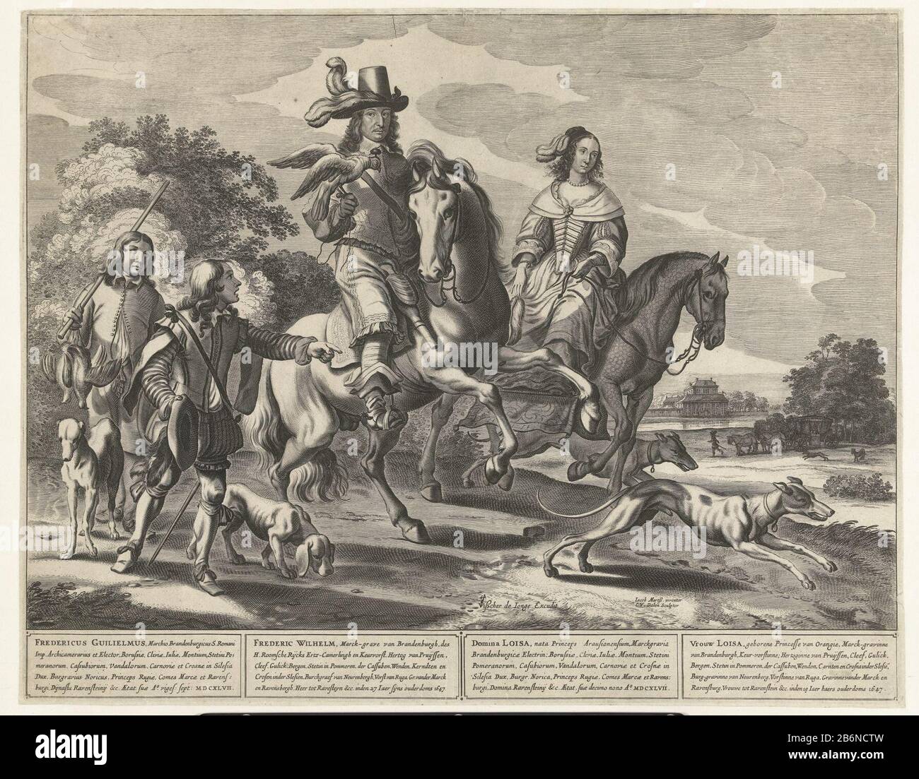 Frederick William, Elector of Brandenburg at the age of 27 and Louise Henriette, princess of Orange-Nassau at the age of 19, both on horseback during the falconry in landscape palace. The margin inscriptions in Latin and German names and titles of both geportretteerden. Manufacturer : printmaker Cornelis van Dalen (I) (listed building), designed by Jacob Martsen (listed building) publisher Claes Jansz. Visscher (II) (referred to on object) Place manufacture: The Netherlands Date: 1647 Physical characteristics: engra and etching material: paper Technique: etching / engra (printing process) Meas Stock Photo
