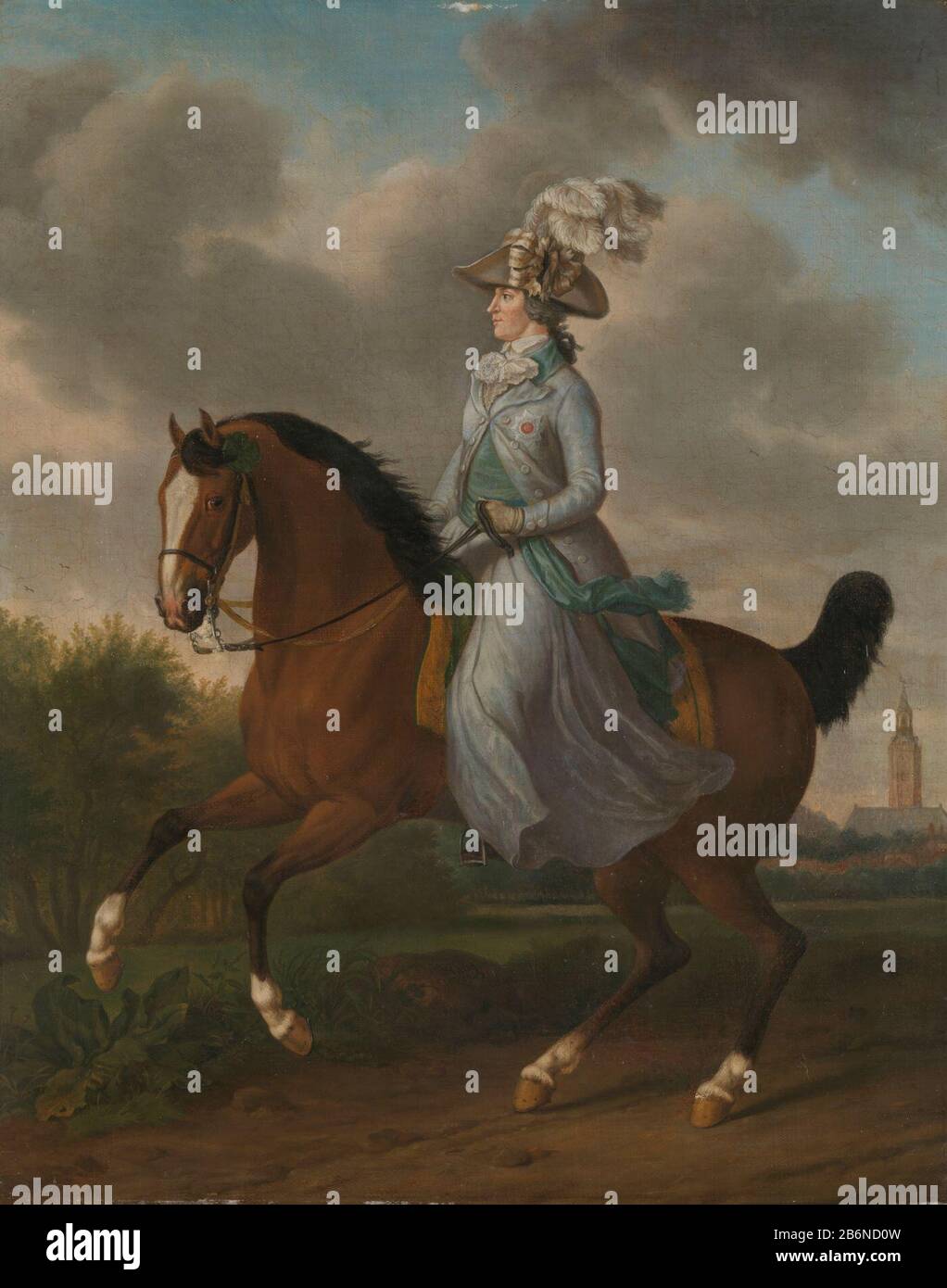 Frederika Sophia Wilhelmina van Pruisen (1751-1820) Echtgenote van prins Willem V, te paard, SK-A-1225  Portrait of Frederika Sophia Wilhelmina of Prussia, wife of Prince William V, on horseback . Equestrian Portrait sitting on a brown horse with a pitch in the head, in a landscape, right in the distance a kerktoren. Manufacturer : painter: Tethart Philip Christian Haag Date: 1789 Physical characteristics: oil on canvas material: canvas oil painting Dimensions: support: h 86 cm. B × 69.5 cm. D × 4 cm. (Incl rear protection.) Outside dimension: d 9 cm. (Carrier including SK-L-4885.)  Subject: r Stock Photo